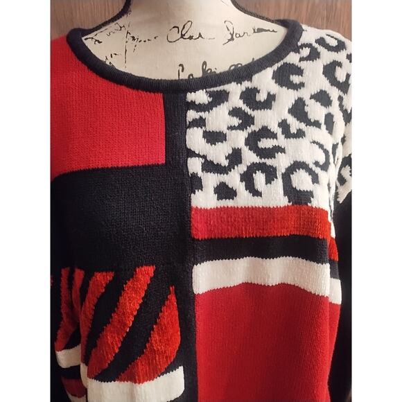 Alfred Dunner 3X Red Black sweater colorblock pullover textured animal print - Picture 6 of 12